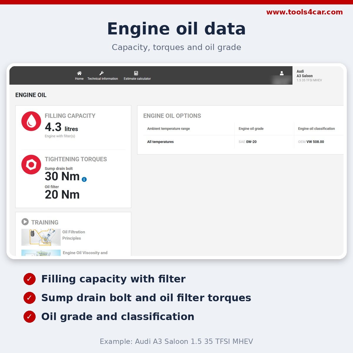 Autodata engine oil capacity and specification data