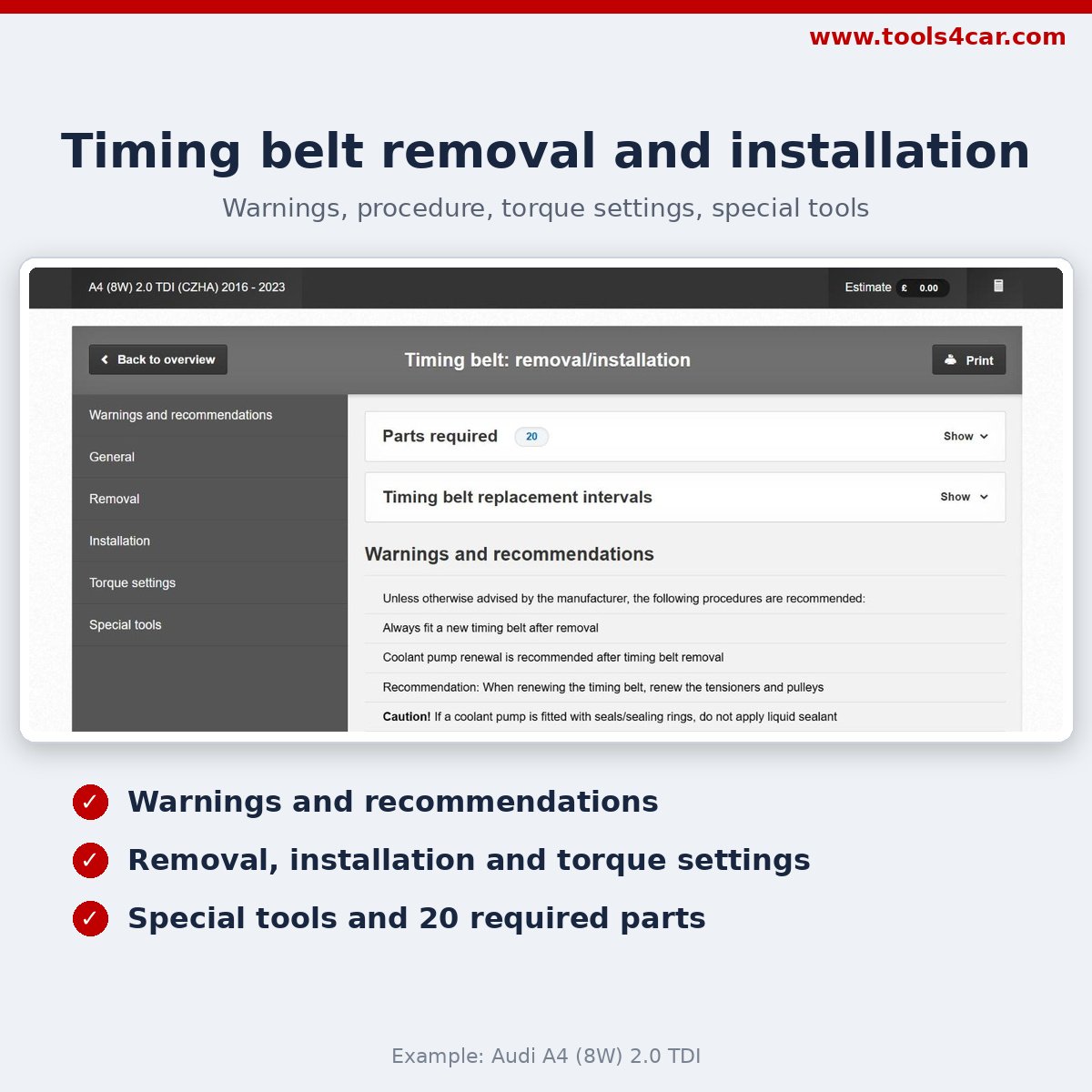 Timing belt removal and installation procedure with warnings and torque settings